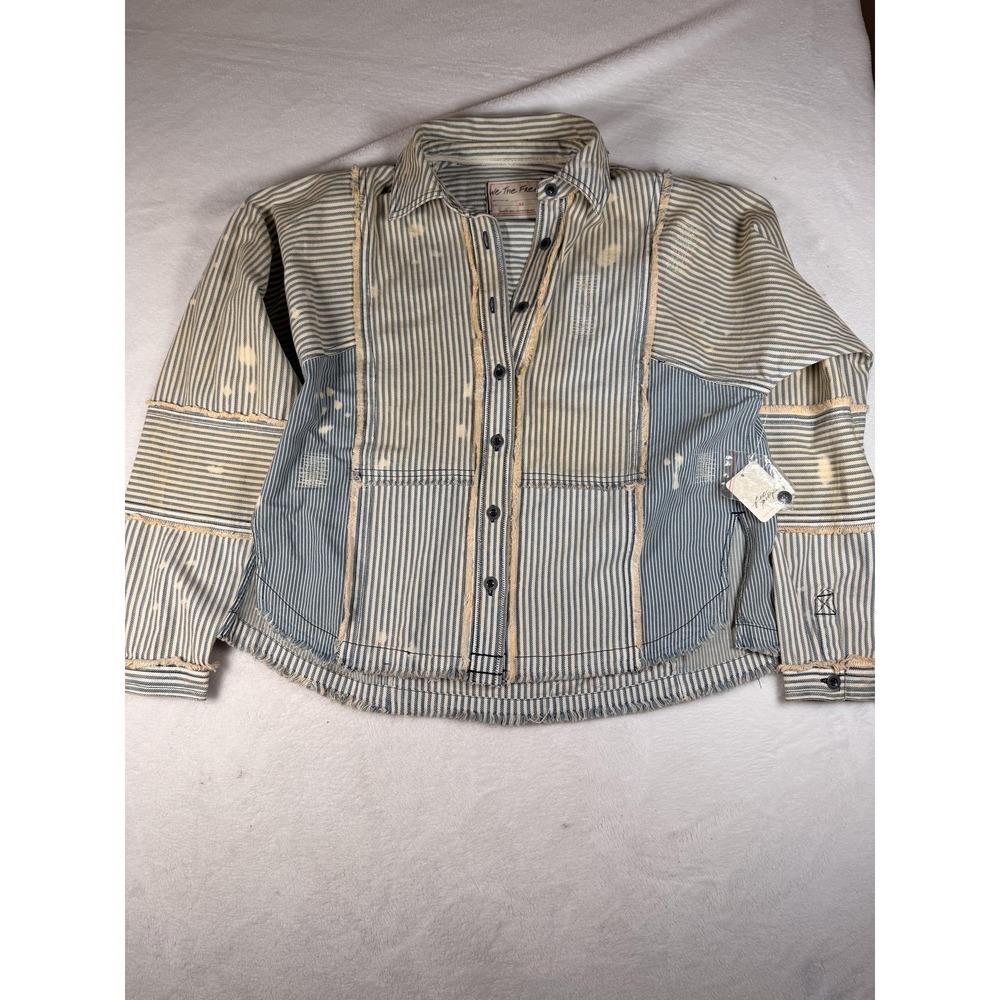 We The Free Jacket Womens XS Blue Striped Denim Button Front Raw Hem Distressed